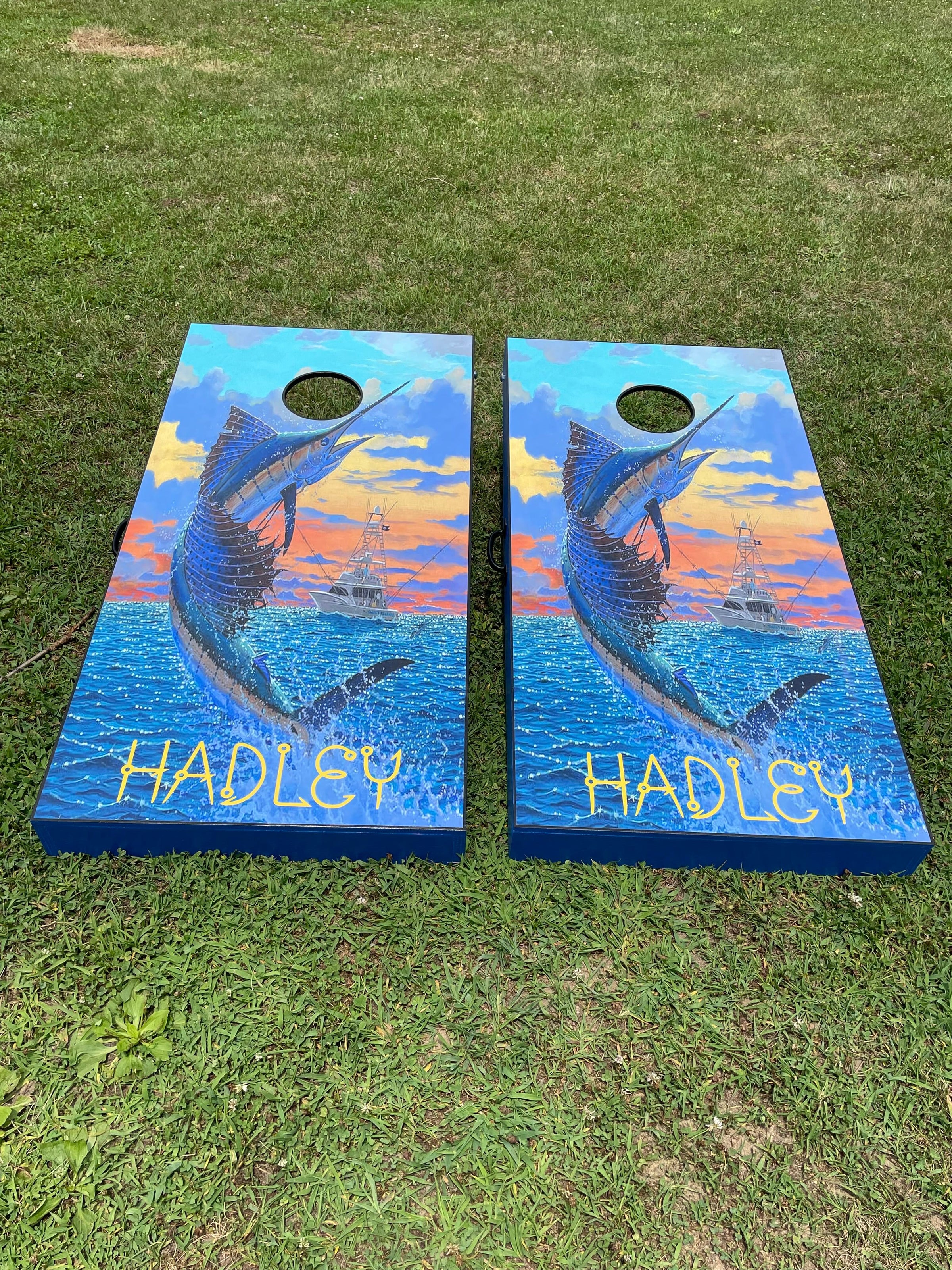 Gone Deep Sea Fishing Themed Custom Cornhole Board Design